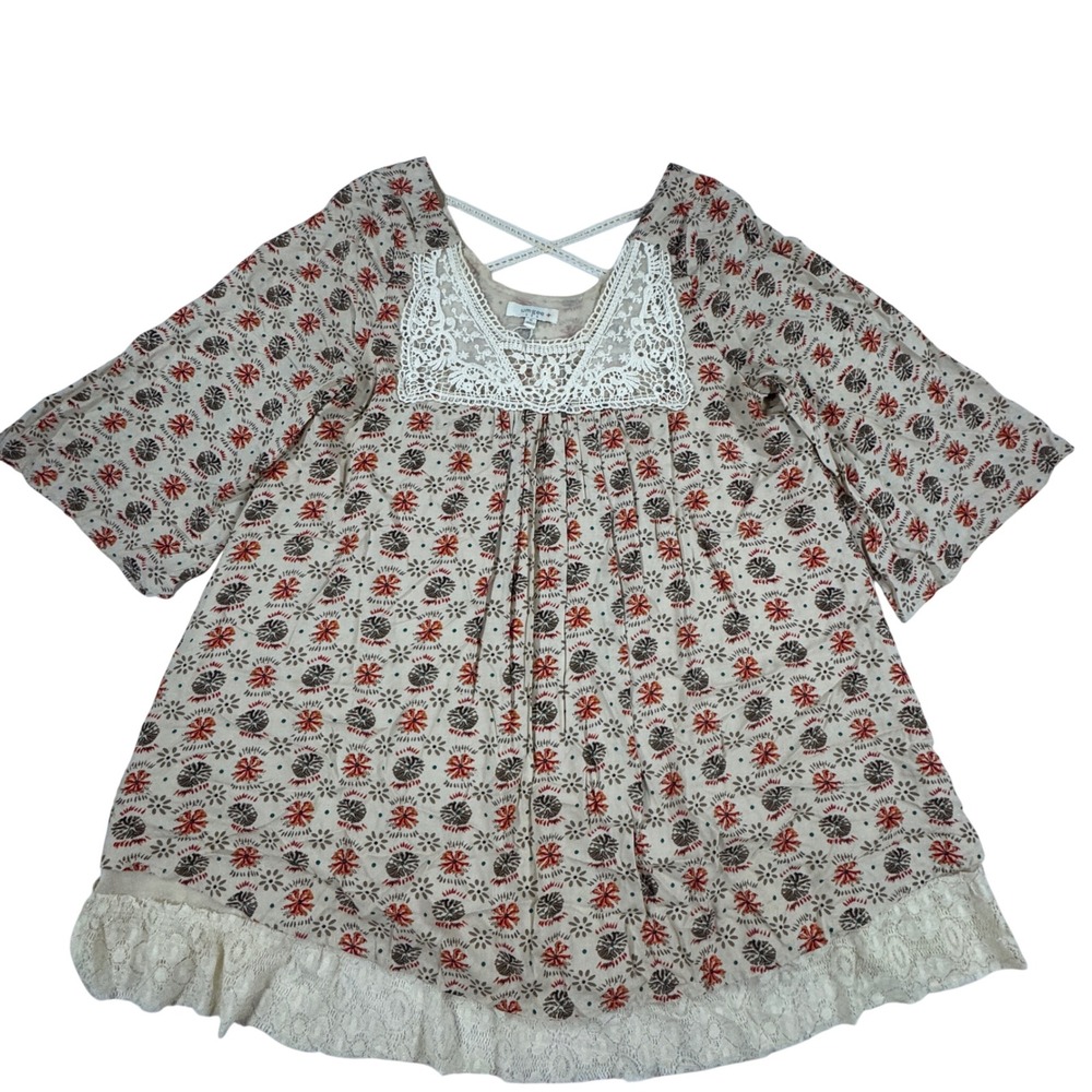 Umgee Boho Lace Trim Floral Tunic Top XL Orange Beige Bell Sleeve Whimsy Cottage
